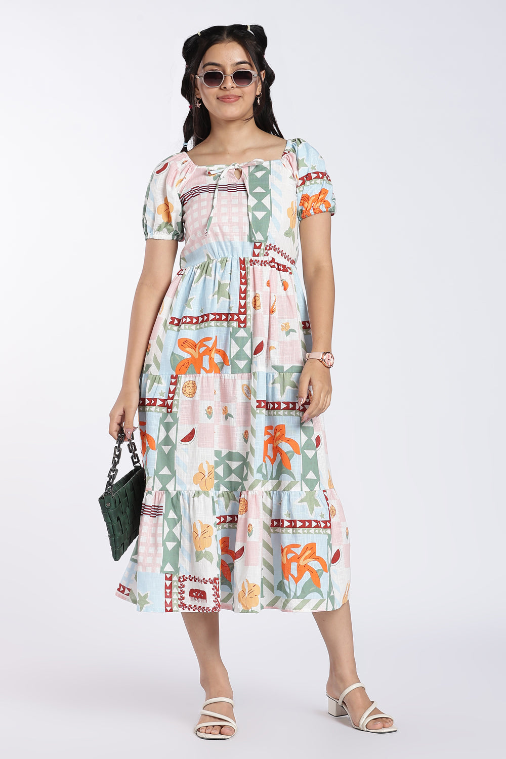 Pink Tropical Print Tiered Midi Dress for Women - Image 1