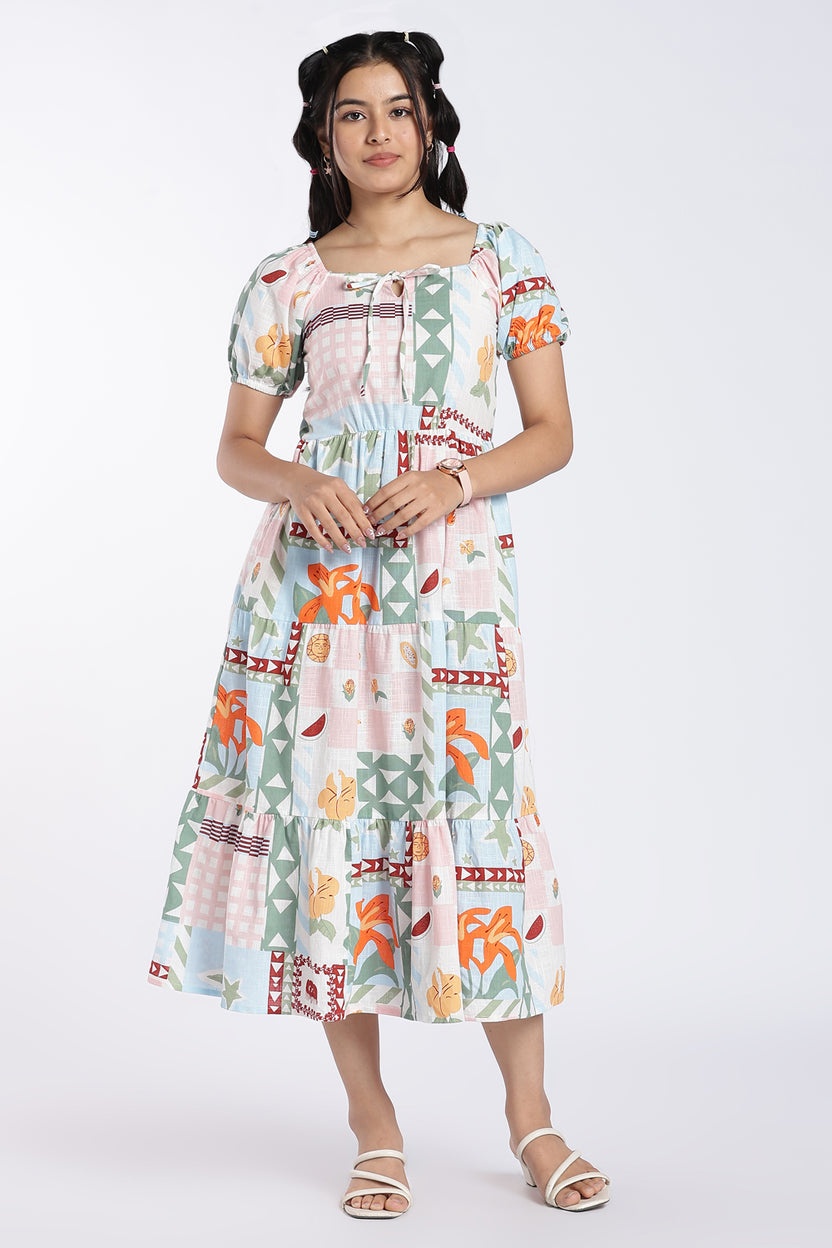 Pink Tropical Print Tiered Midi Dress for Women - Image 2