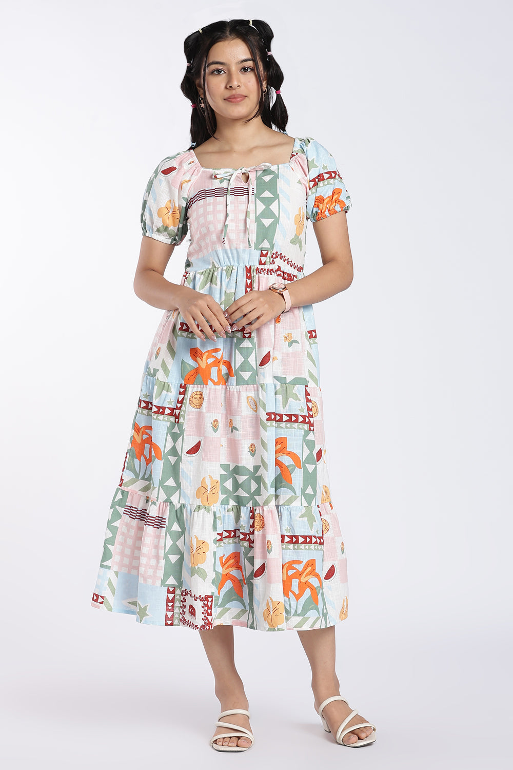 Pink Tropical Print Tiered Midi Dress for Women - Image 2