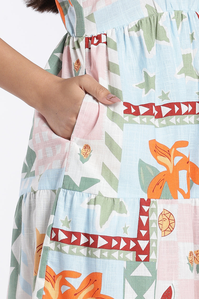 Pink Tropical Print Tiered Midi Dress for Women - Image 3
