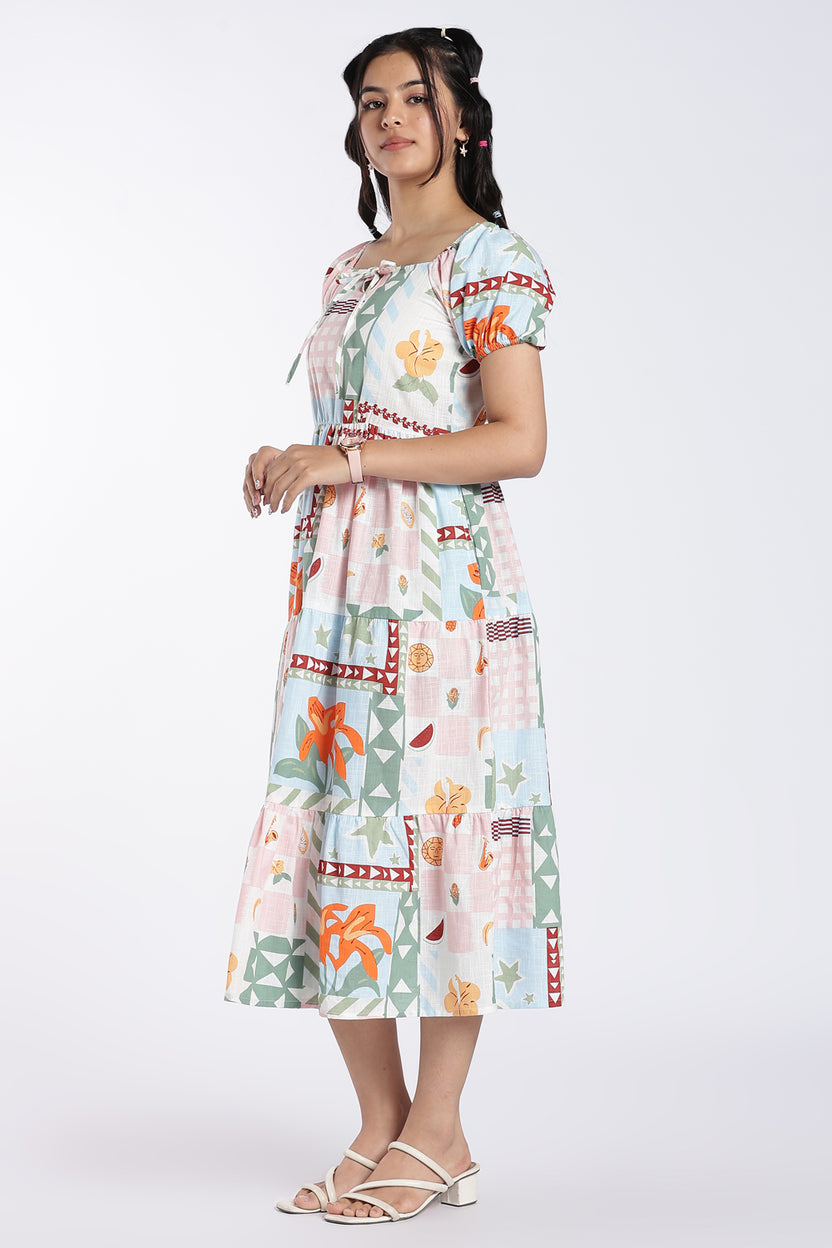 Pink Tropical Print Tiered Midi Dress for Women - Image 4