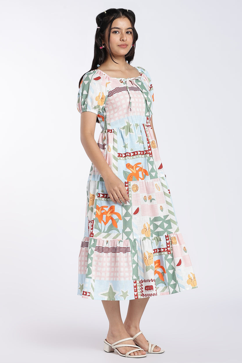 Pink Tropical Print Tiered Midi Dress for Women - Image 6