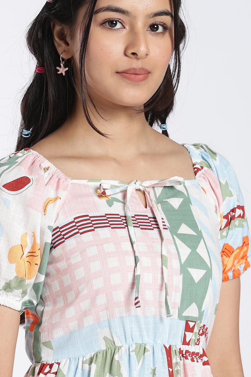 Pink Tropical Print Tiered Midi Dress for Women - Image 7