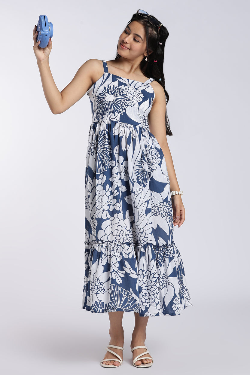 Blue Floral Printed Tiered Maxi Dress For Women - Image 1