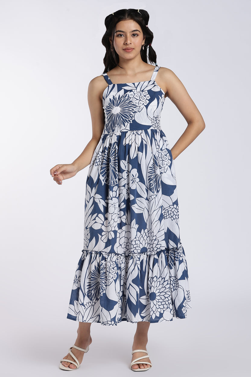 Blue Floral Printed Tiered Maxi Dress for Women - Image 2