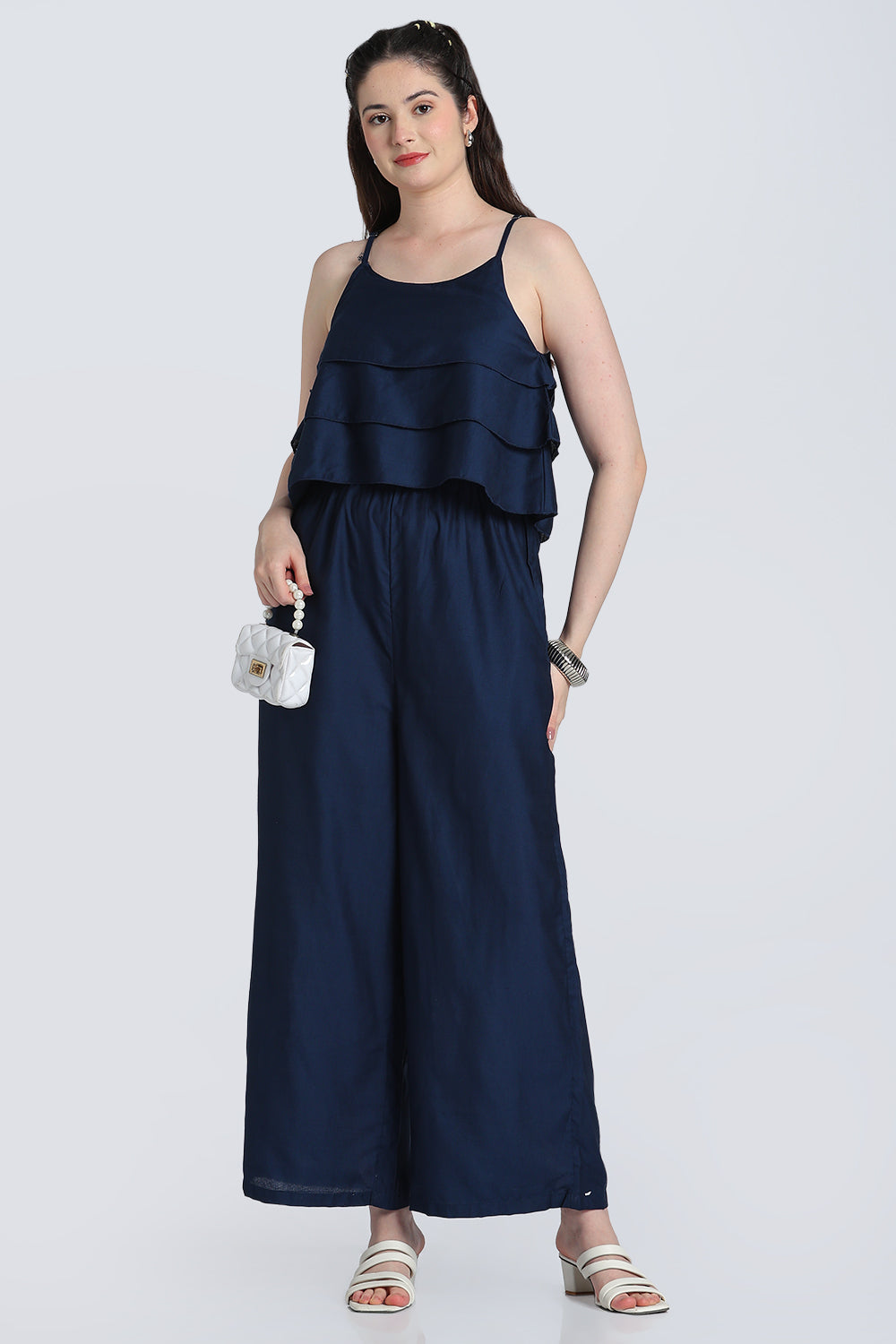 Navy Layered Wide Leg Fit Jumpsuit for Women - Image 1