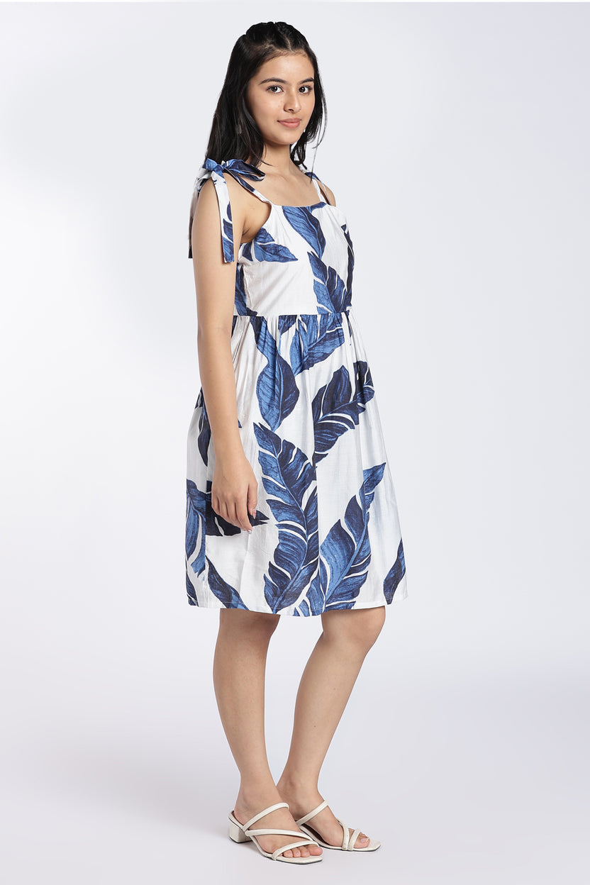White Tropical Print Tie-Up Dress for Women - Image 4