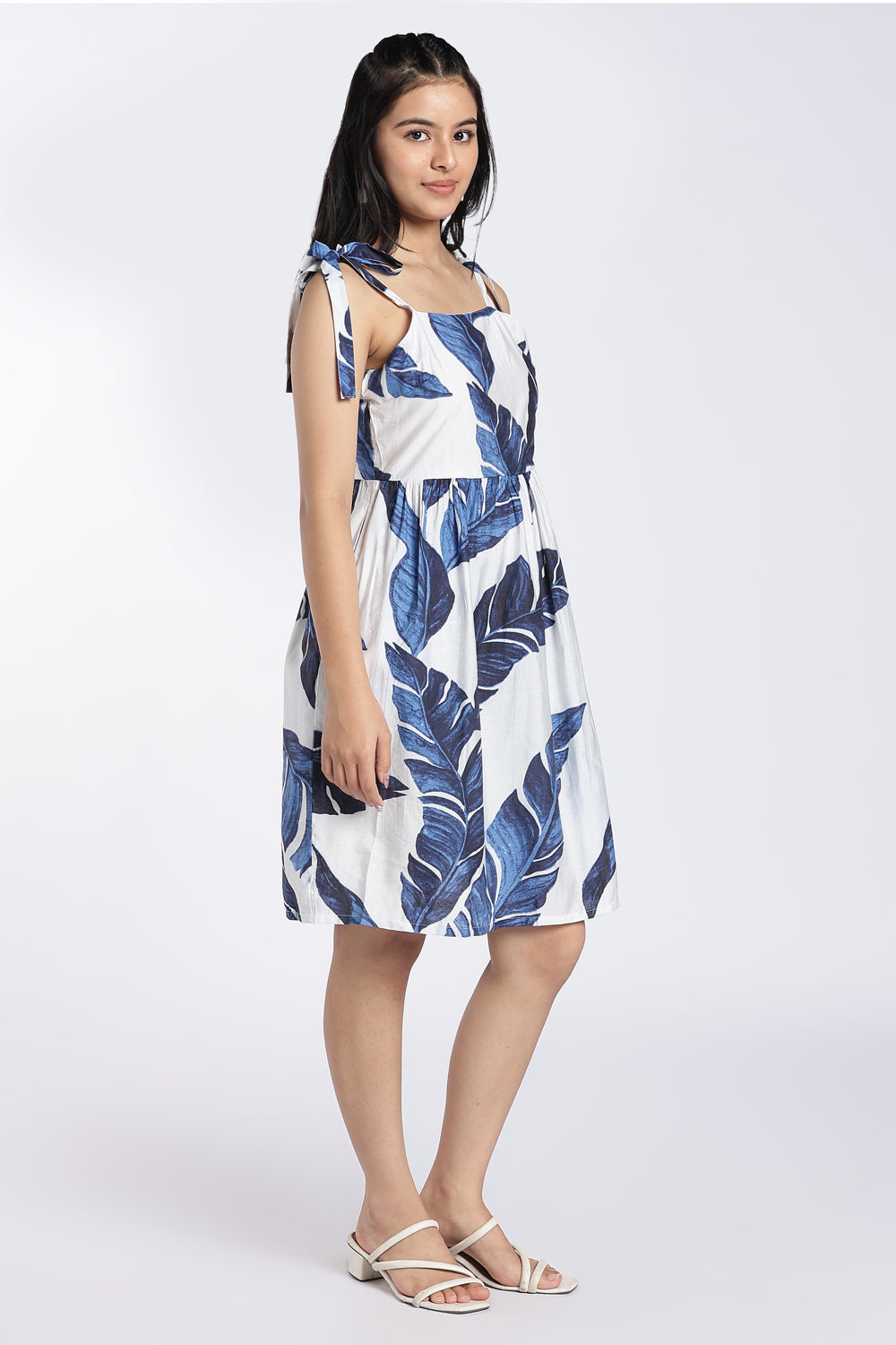 White Tropical Print Tie-Up Dress for Women - Image 4