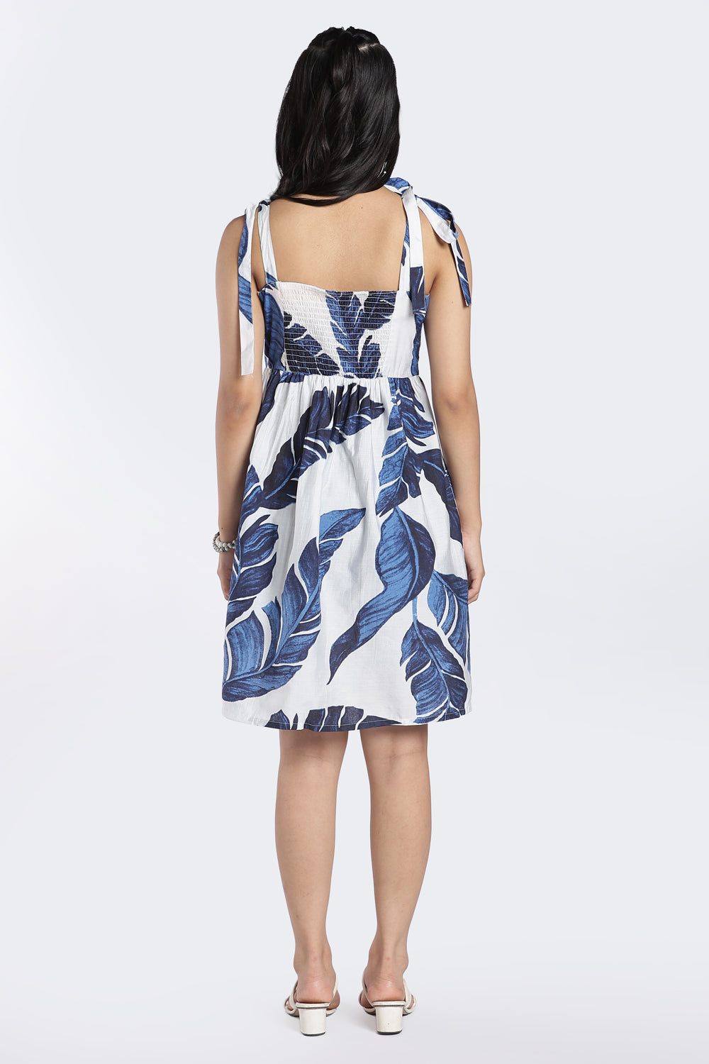 White Tropical Print Tie-Up Dress for Women - Image 5