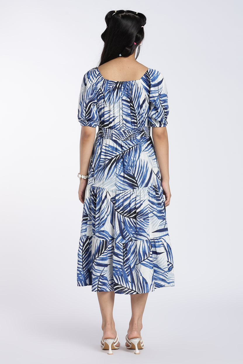 Blue Tropical Puff Sleeves Regular Fit Dress for Women - Image 5