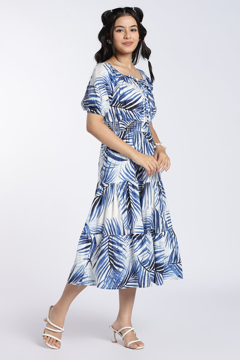 Blue Tropical Puff Sleeves Regular Fit Dress for Women - Image 6