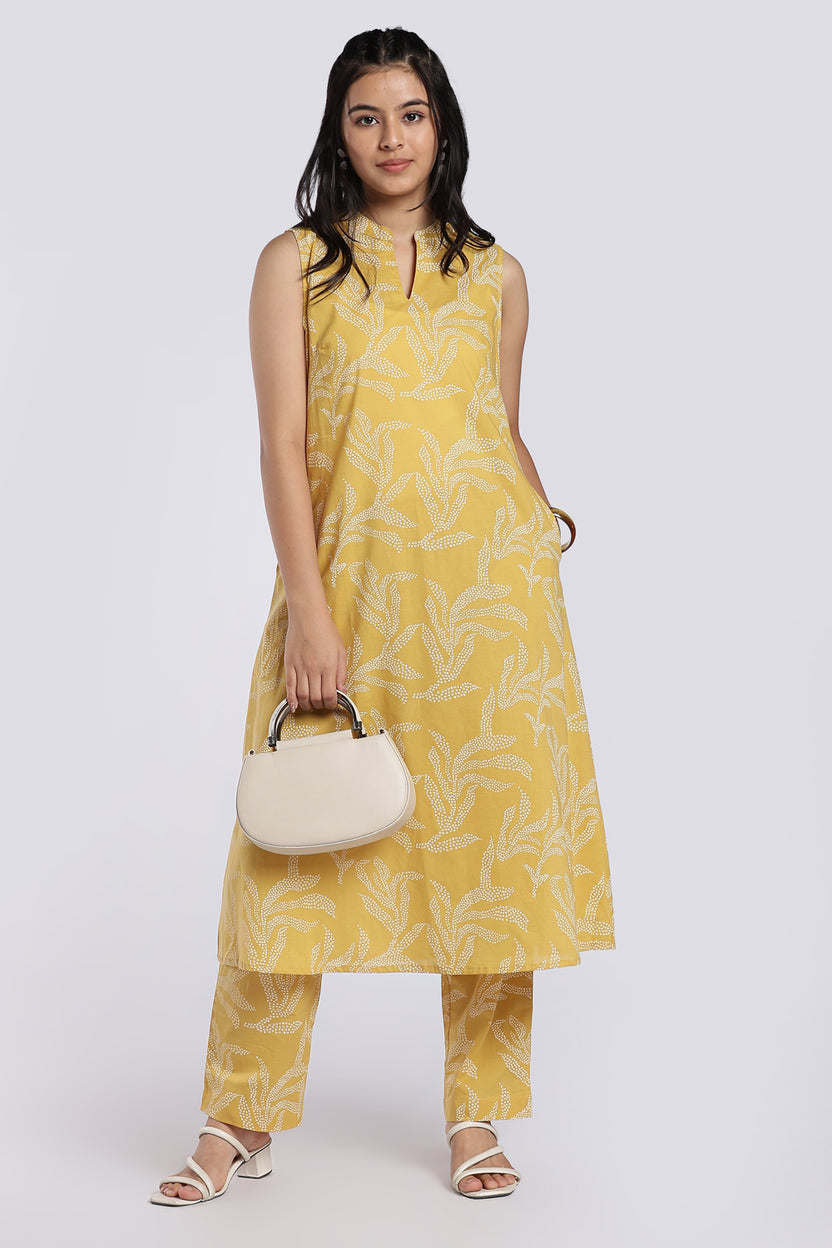 Mustard Floral Print Flared Co-Ord Set for Women - Image 1