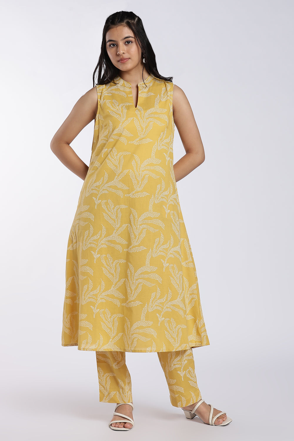Mustard Floral Print Flared Co-Ord Set for Women - Image 2