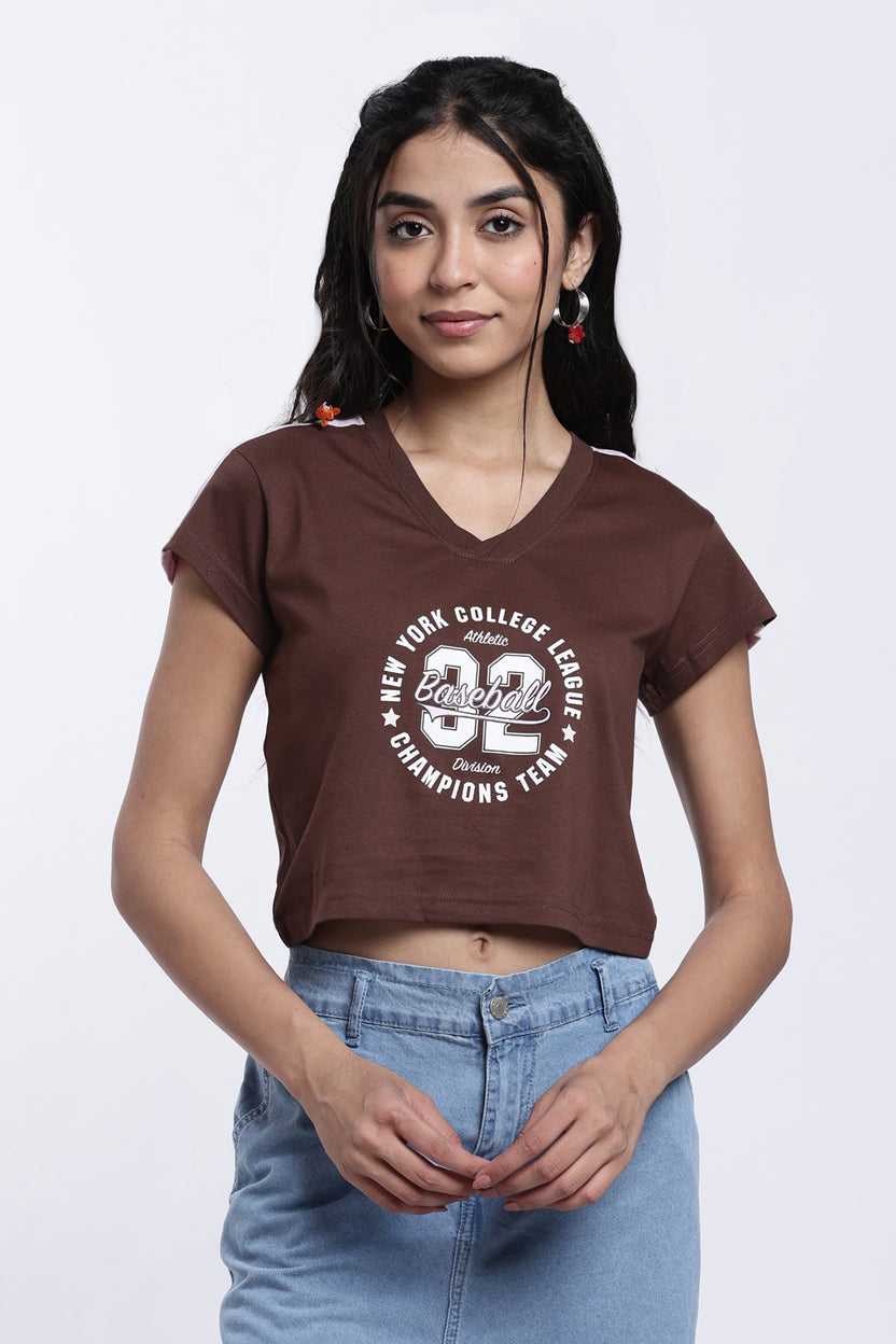 Brown Letter Boxy Fit Crop T-Shirt for Women - Image 2