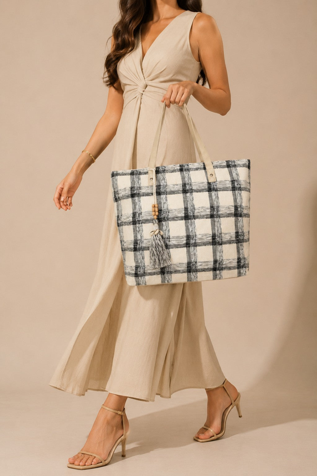 Beige Checked Tote Bags for Women - Image 7