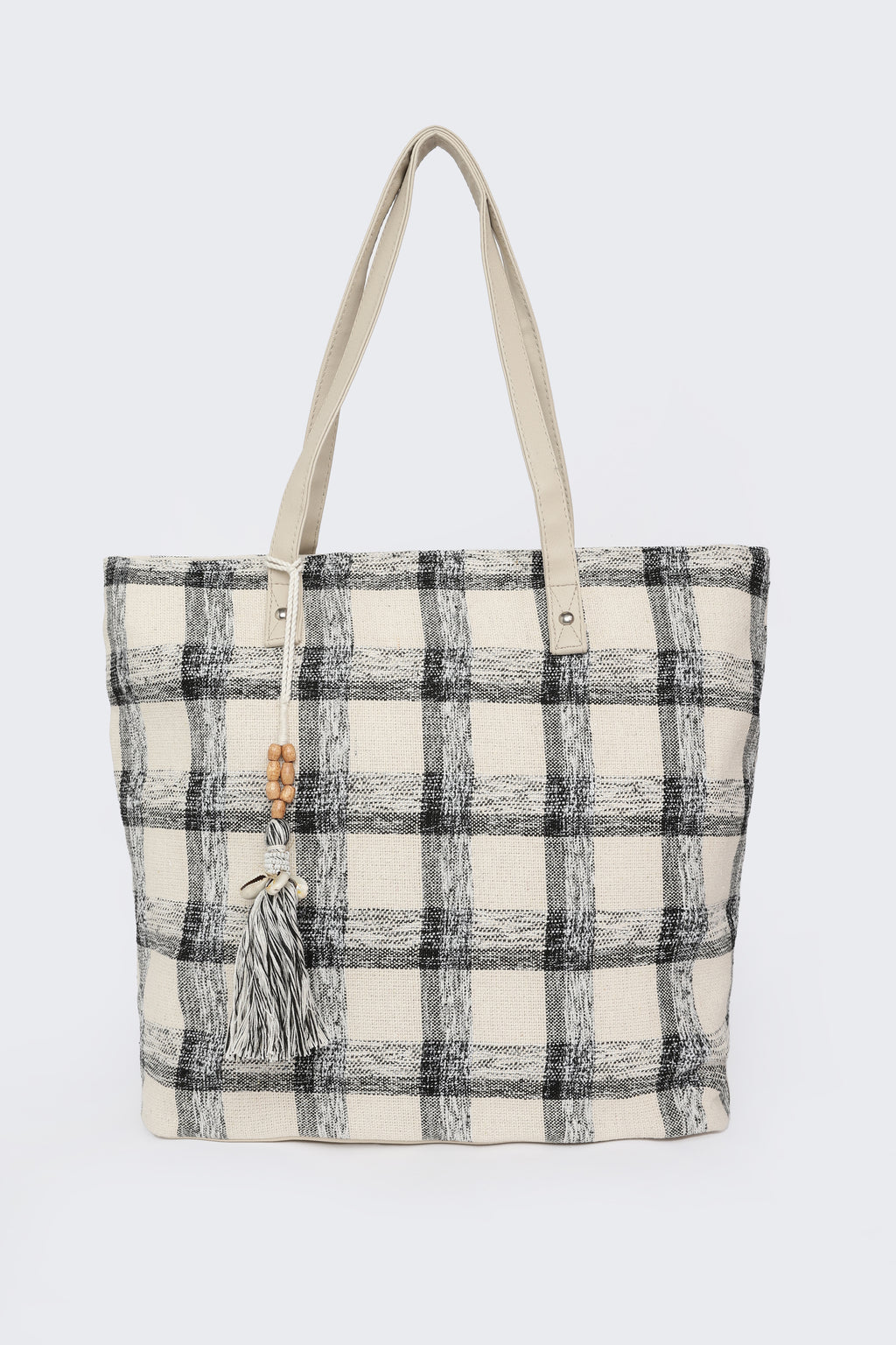 Beige Checked Tote Bags for Women - Image 2