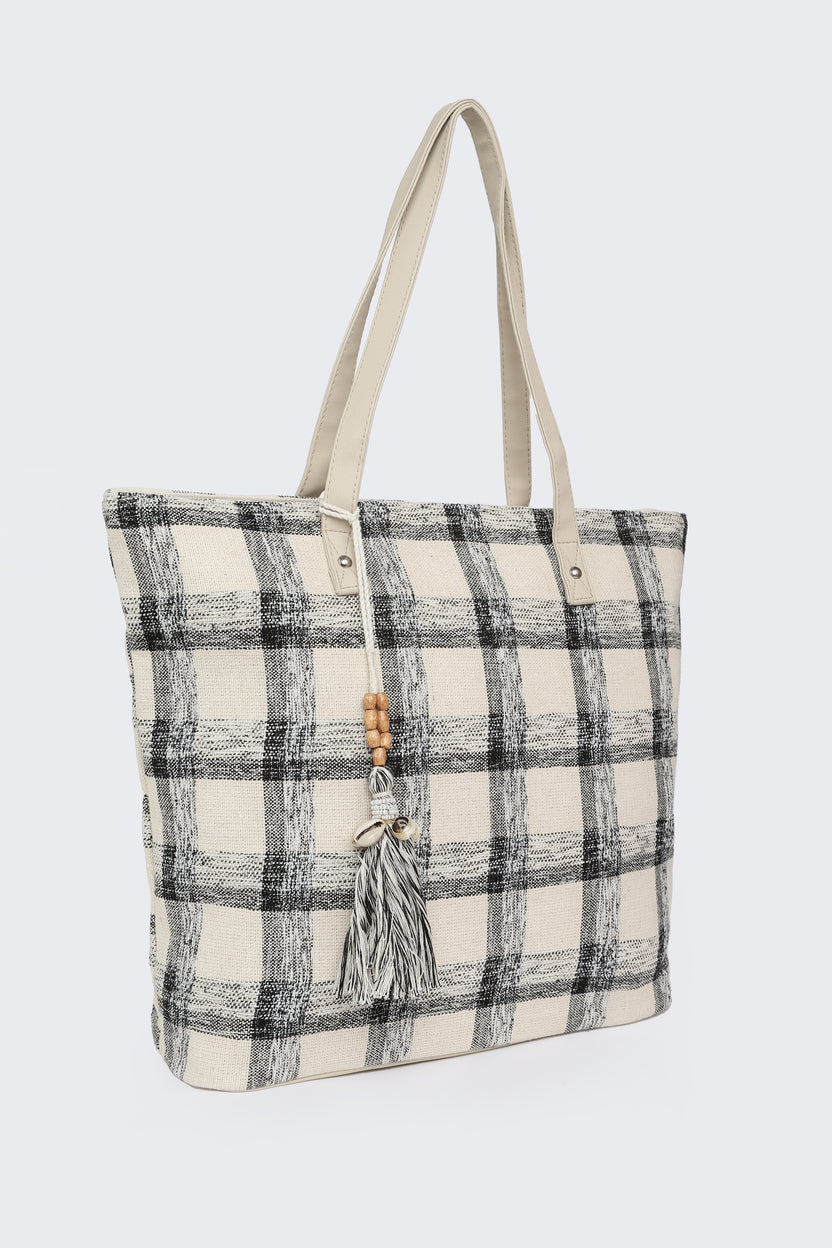 Beige Checked Tote Bag for Women - Image 3