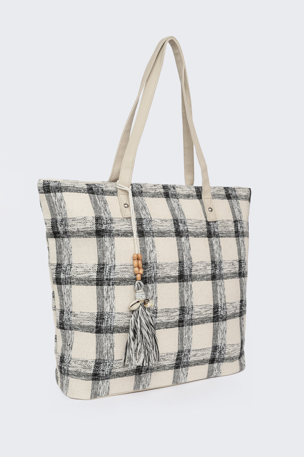 Beige Checked Tote Bags for Women - Image 3