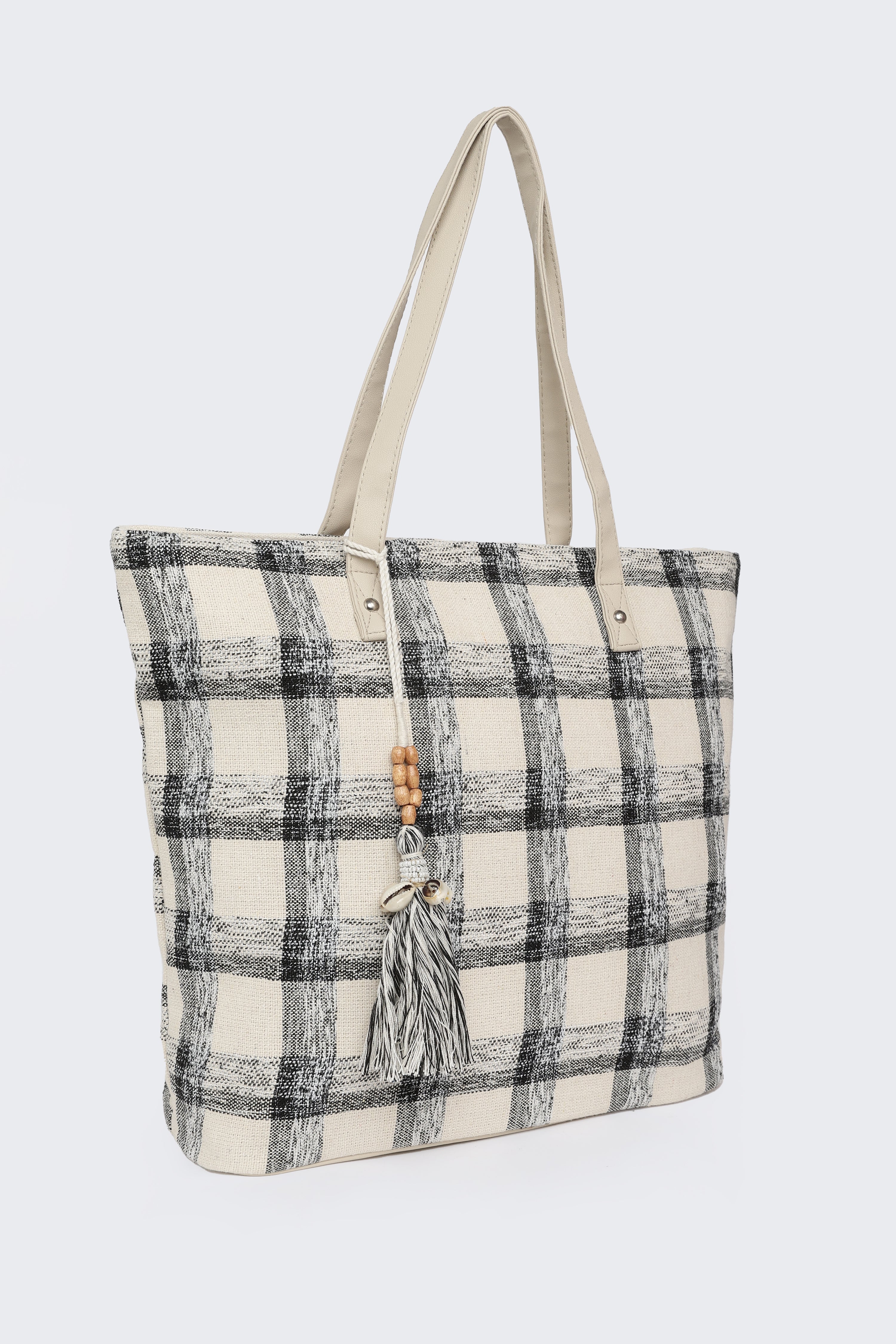 Beige Checked Tote Bags for Women - Image 3
