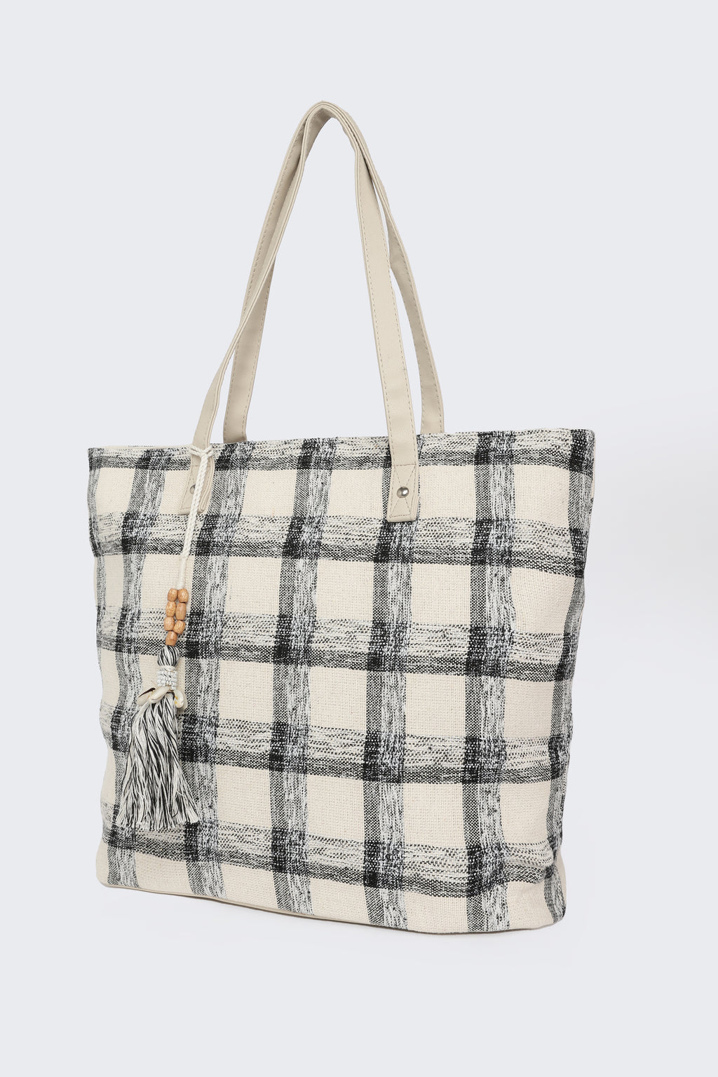 Beige Checked Tote Bags for Women - Image 4