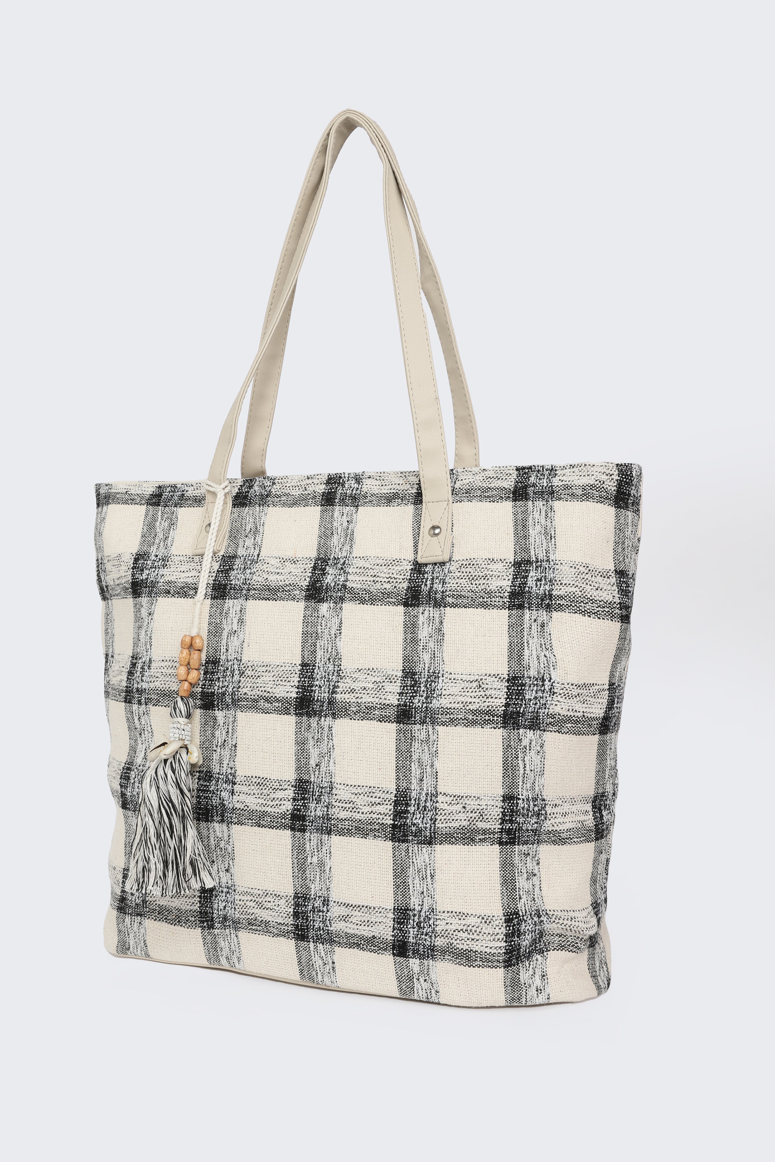 Beige Checked Tote Bags for Women - Image 4