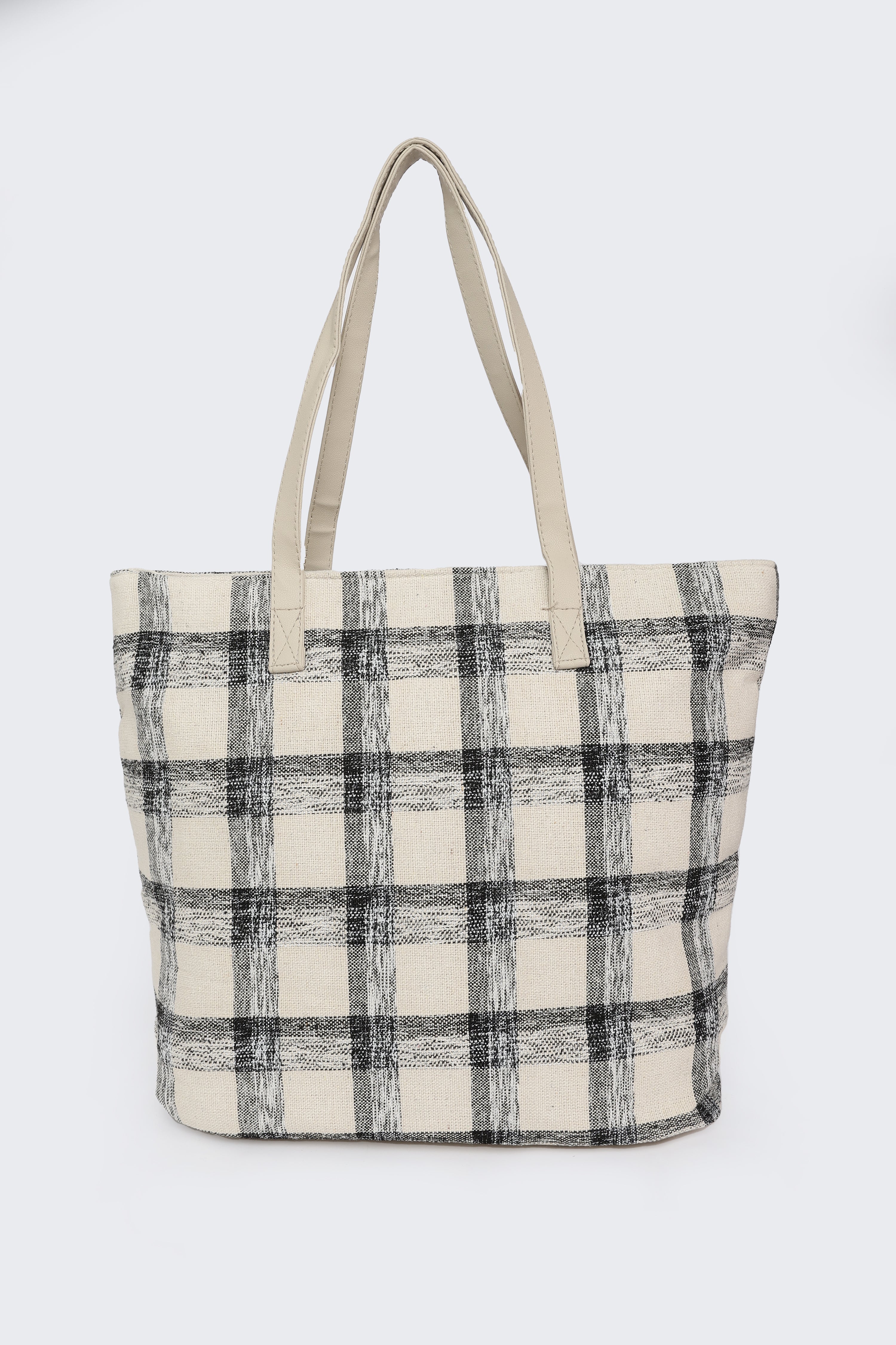 Beige Checked Tote Bags for Women - Image 6