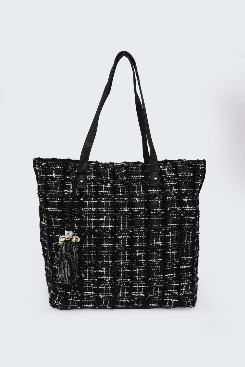 Black Self Design Tote Bag for Women - Image 2