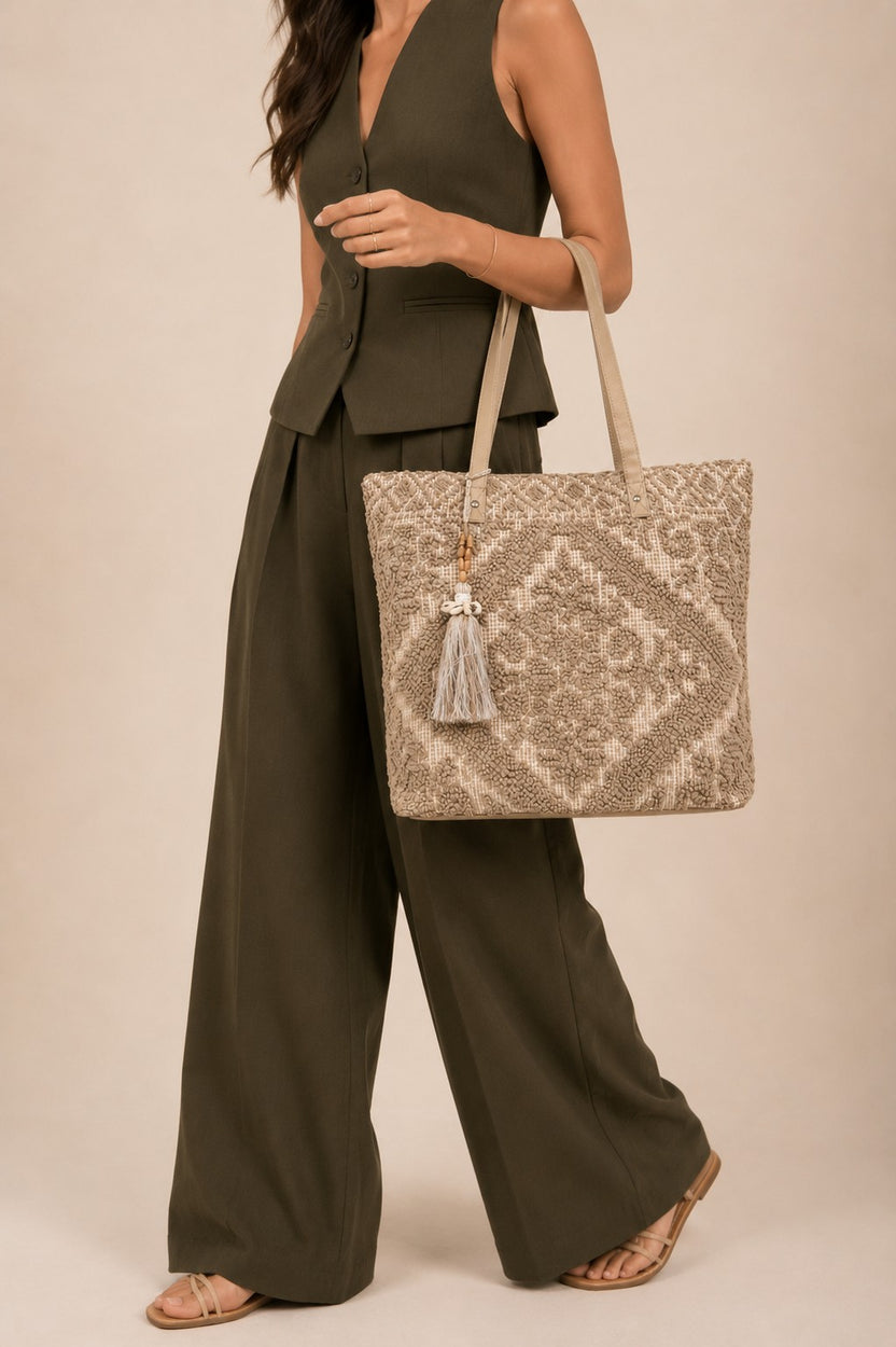 Beige Self Design Tote Bag For Women - Image 1