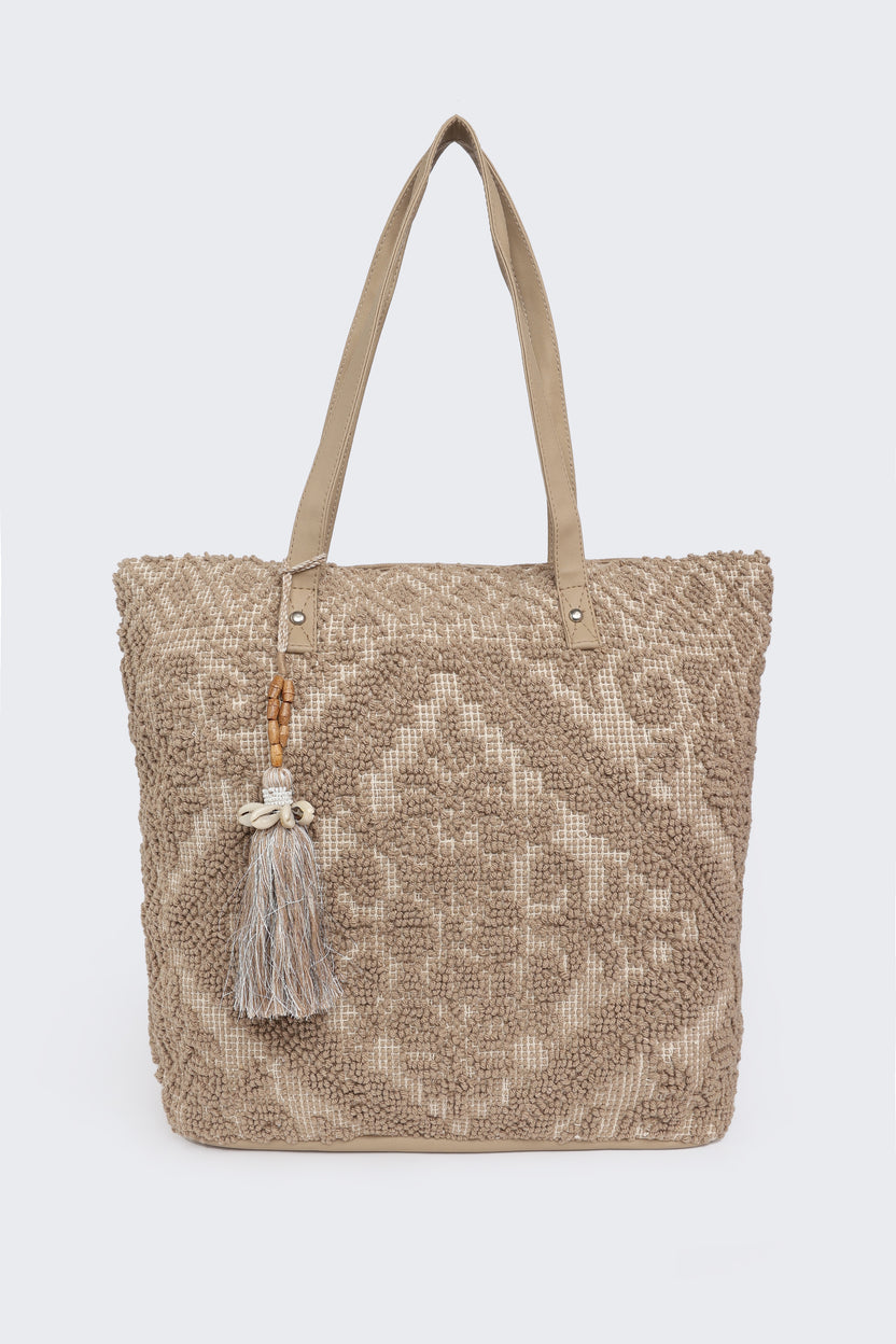 Beige Self Design Tote Bag for Women - Image 2