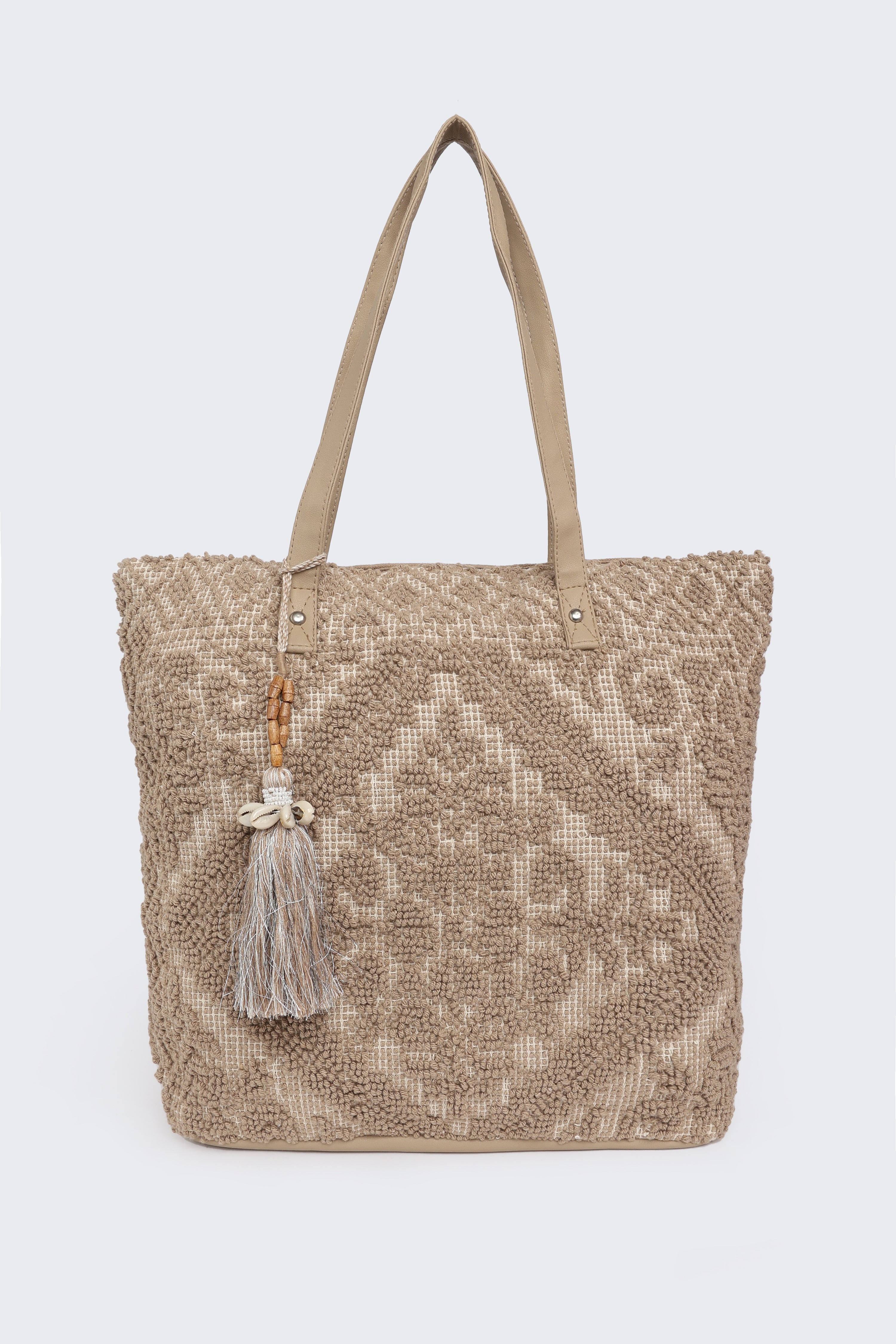 Beige Self Design Tote Bags for Women - Image 2