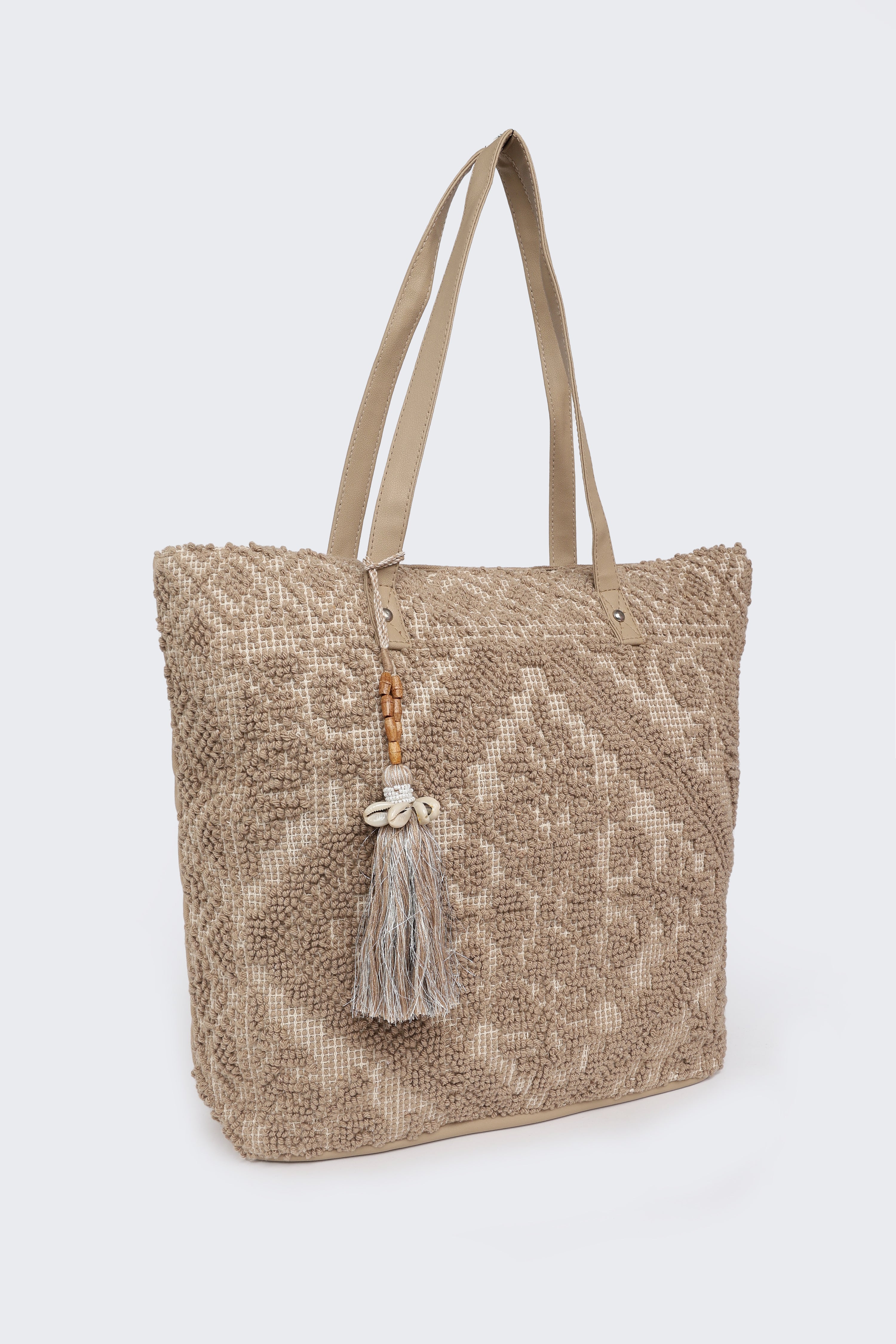 Beige Self Design Tote Bags for Women - Image 3