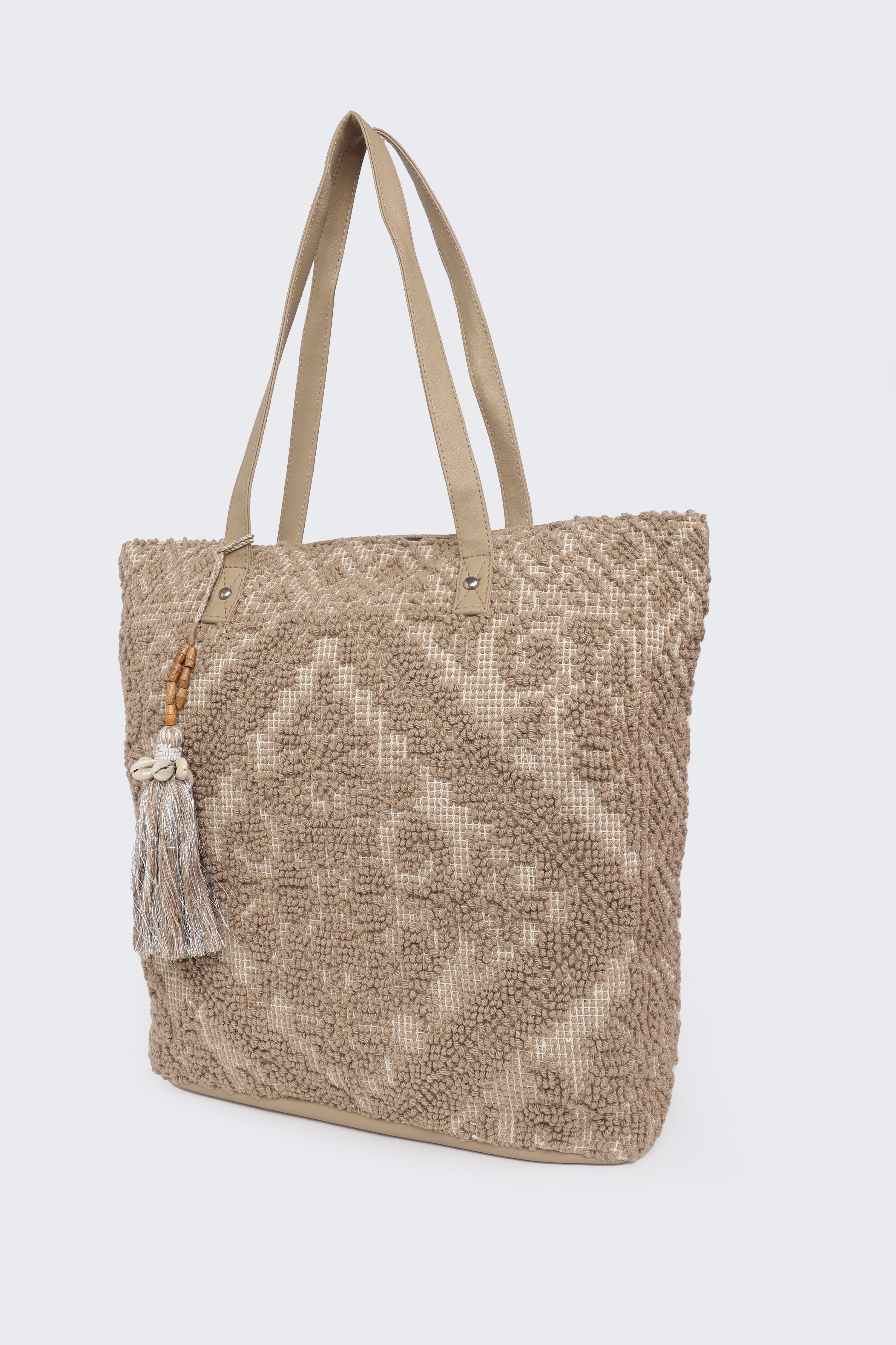 Beige Self Design Tote Bags for Women - Image 6