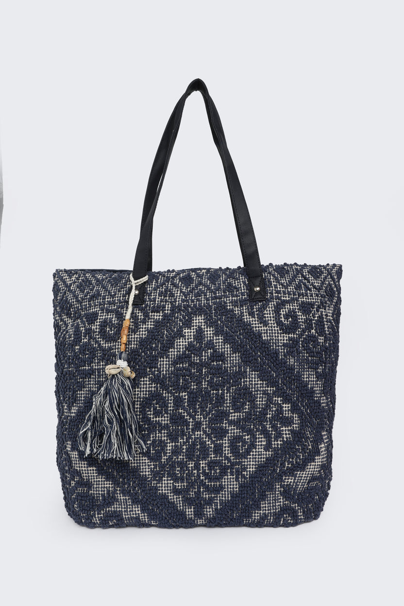 Blue Cotton Jacquard Tote Bag for Women - Image 2