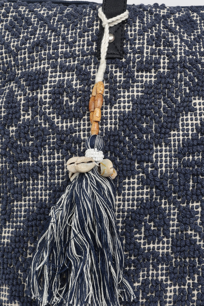 Blue Cotton Jacquard Tote Bag for Women - Image 3