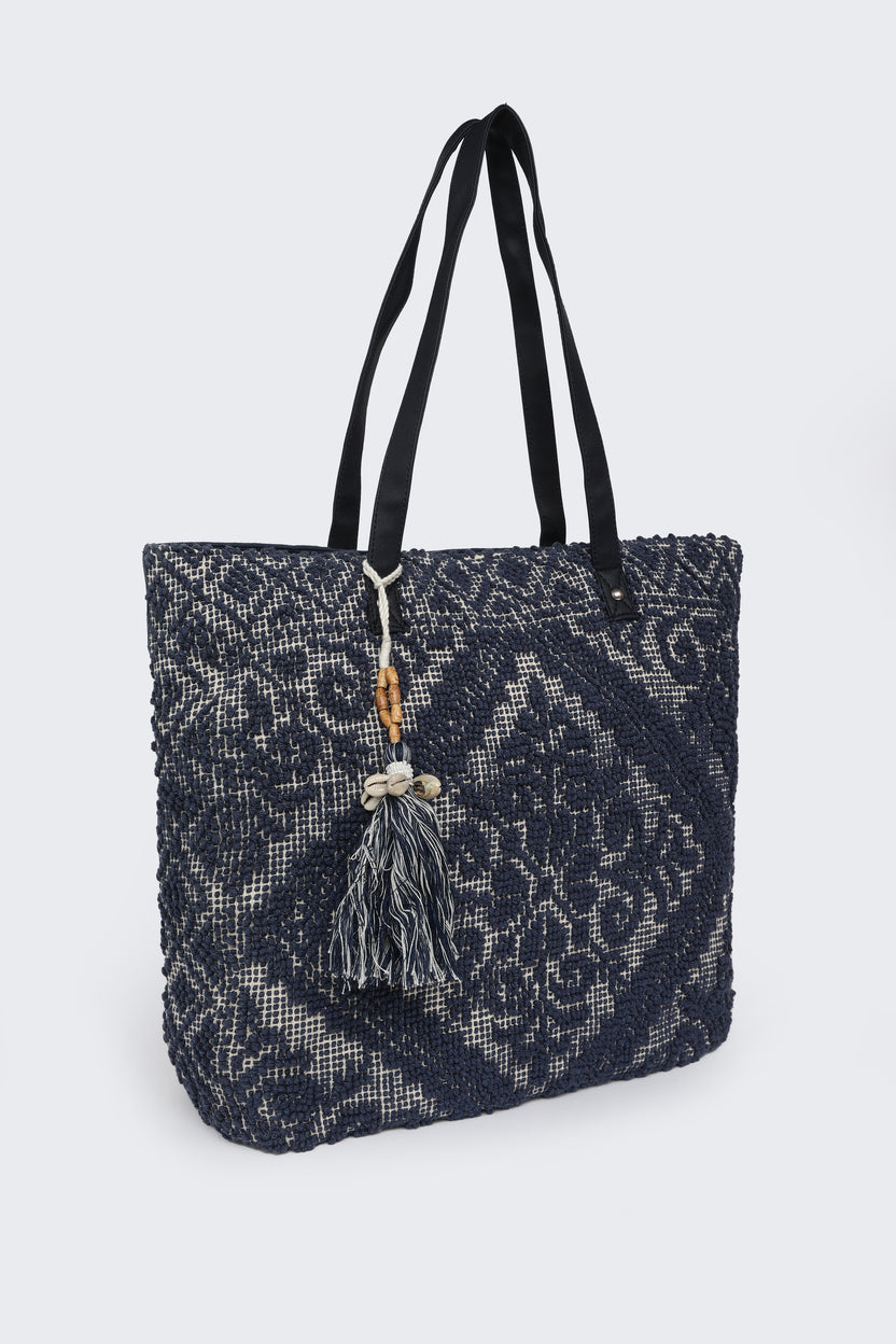 Blue Cotton Jacquard Tote Bag for Women - Image 4