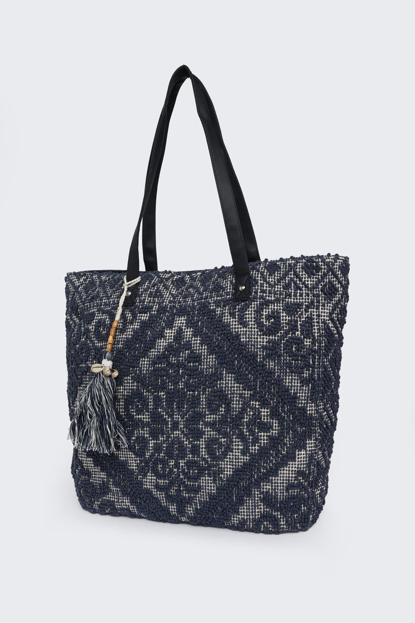Blue Cotton Jacquard Tote Bag for Women - Image 5