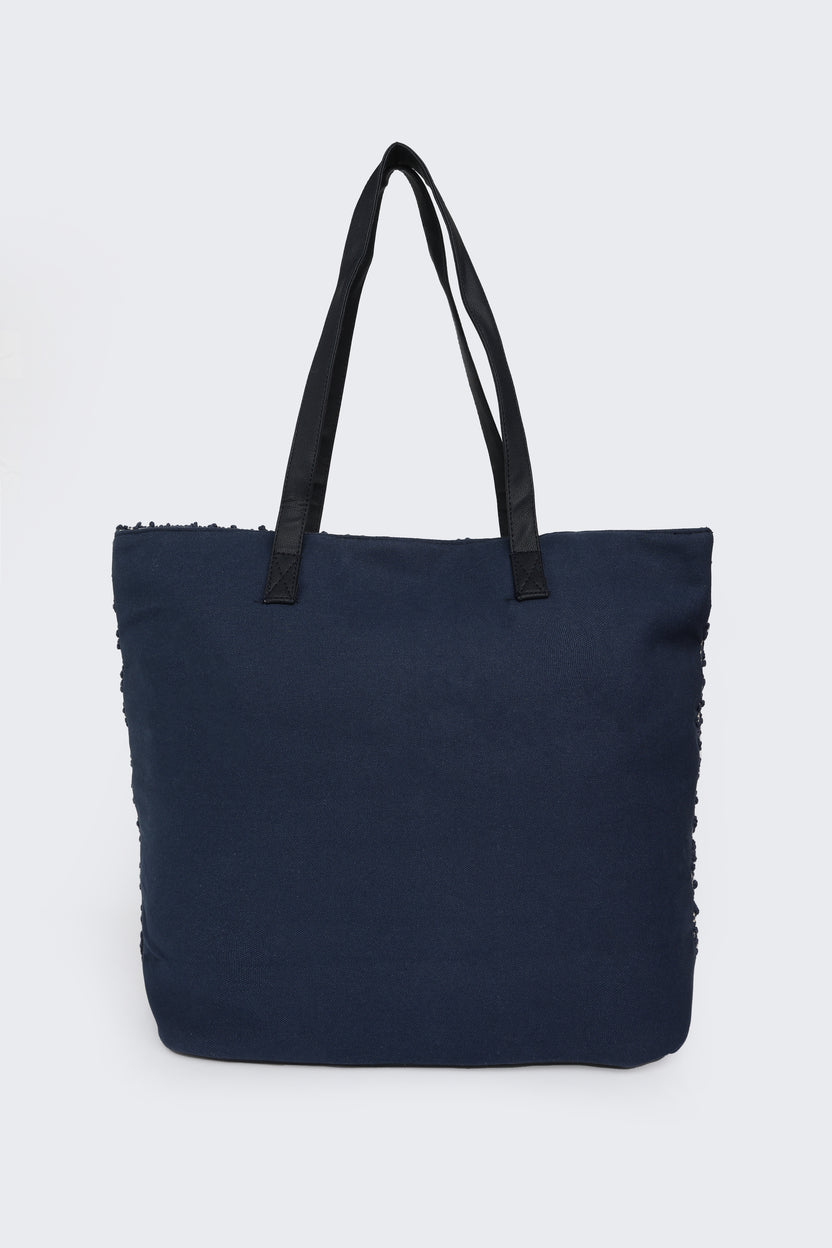 Blue Cotton Jacquard Tote Bag for Women - Image 6