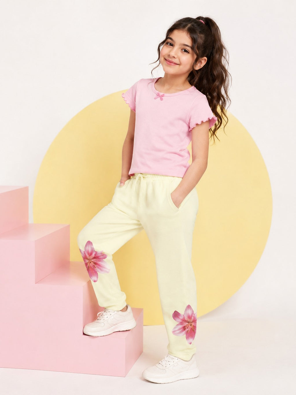 Yellow Floral Print  Regular Fit Joggers for Girls - Image 1