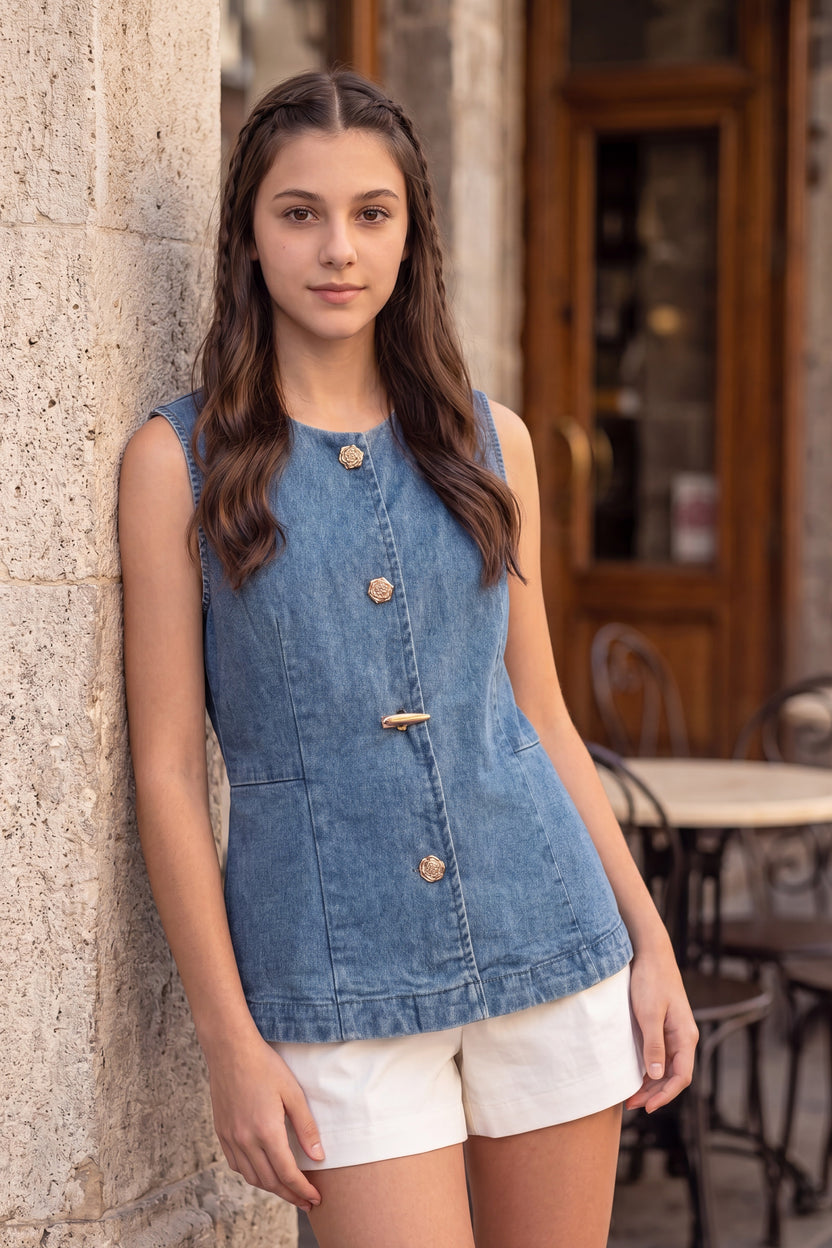 Blue Denim Regular Fit Top For Women - Image 1