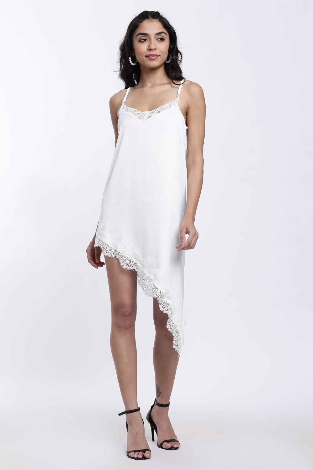 White Lace Satin Crepe V-Neck Dress for Women - Image 2