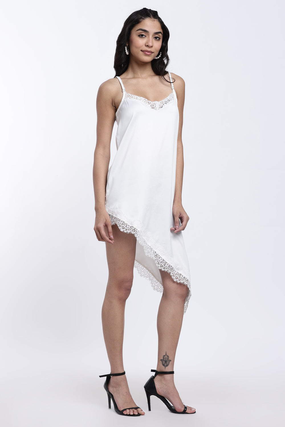 White Lace Satin Crepe V-Neck Dress for Women - Image 4