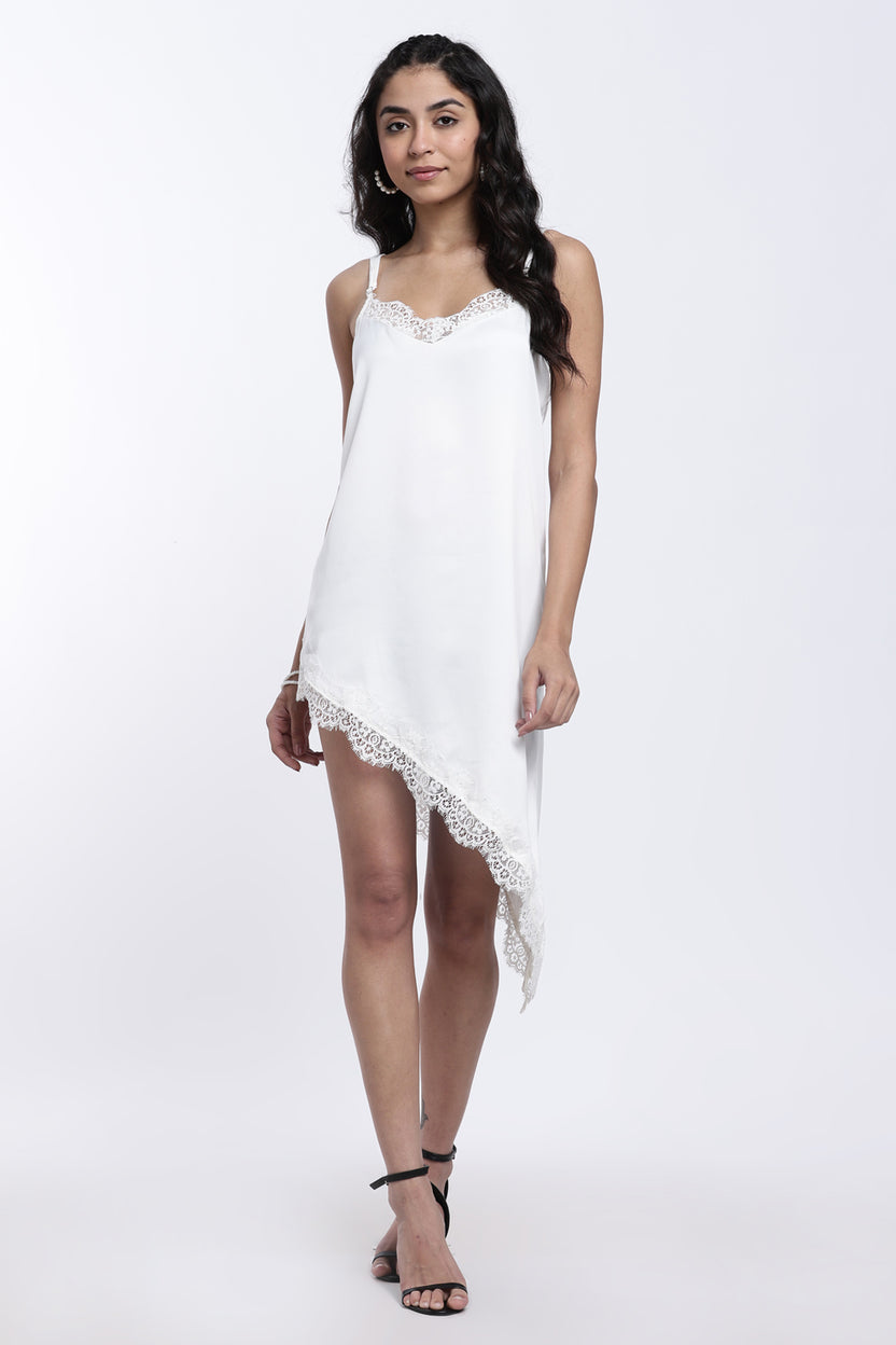 White Lace Satin Crepe V-Neck Dress for Women - Image 6
