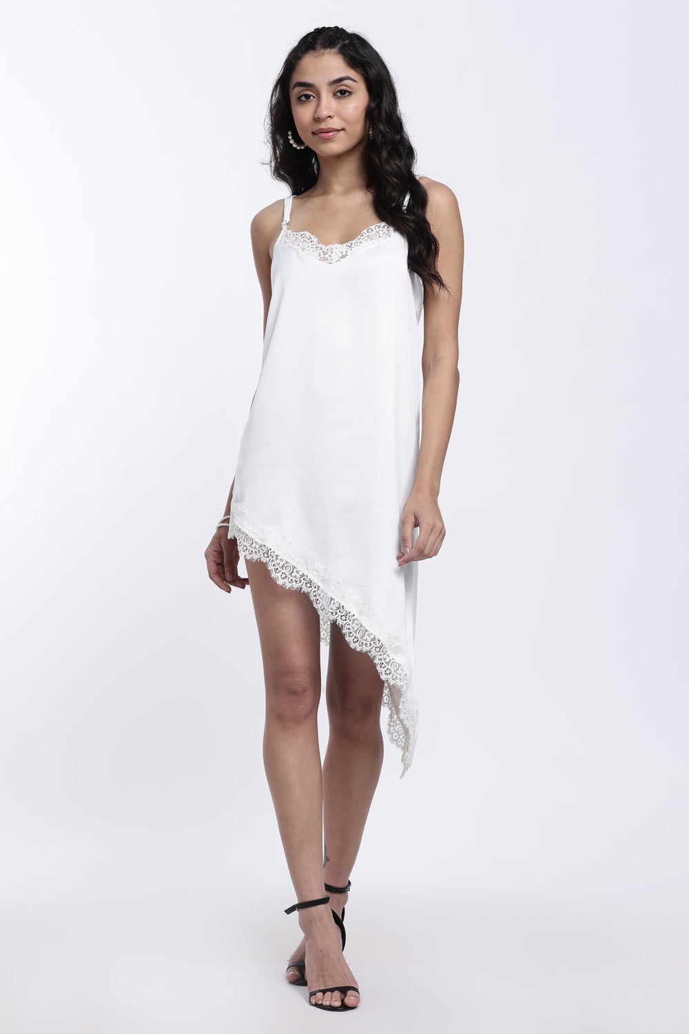 White Lace Satin Crepe V-Neck Dress for Women - Image 6