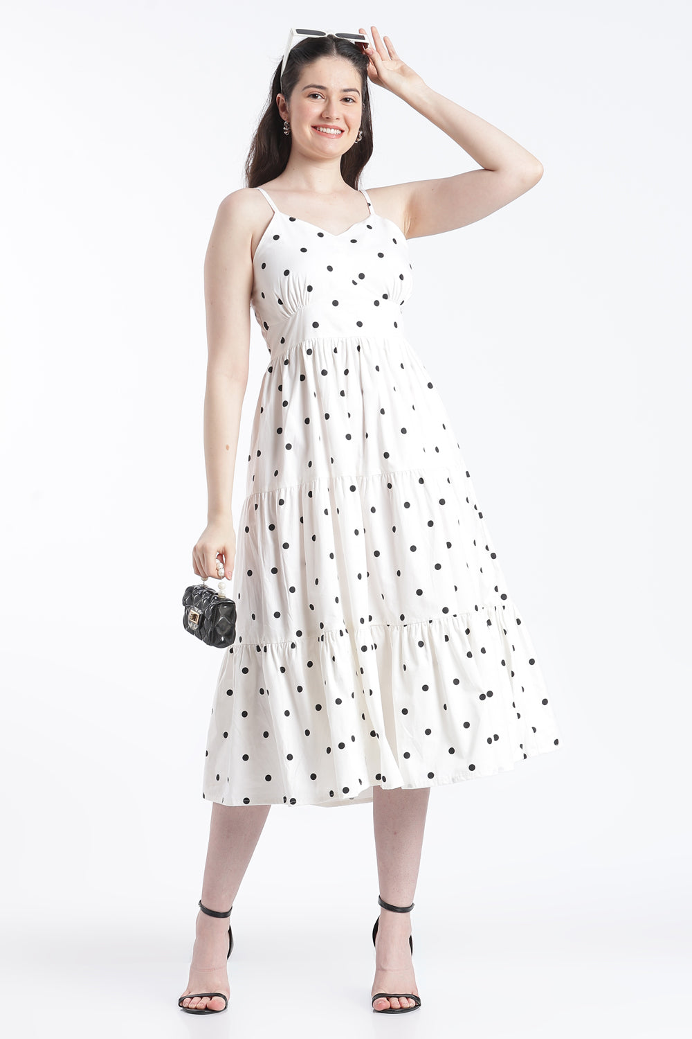 White Shirred Flared Fit Dress for Women - Image 1