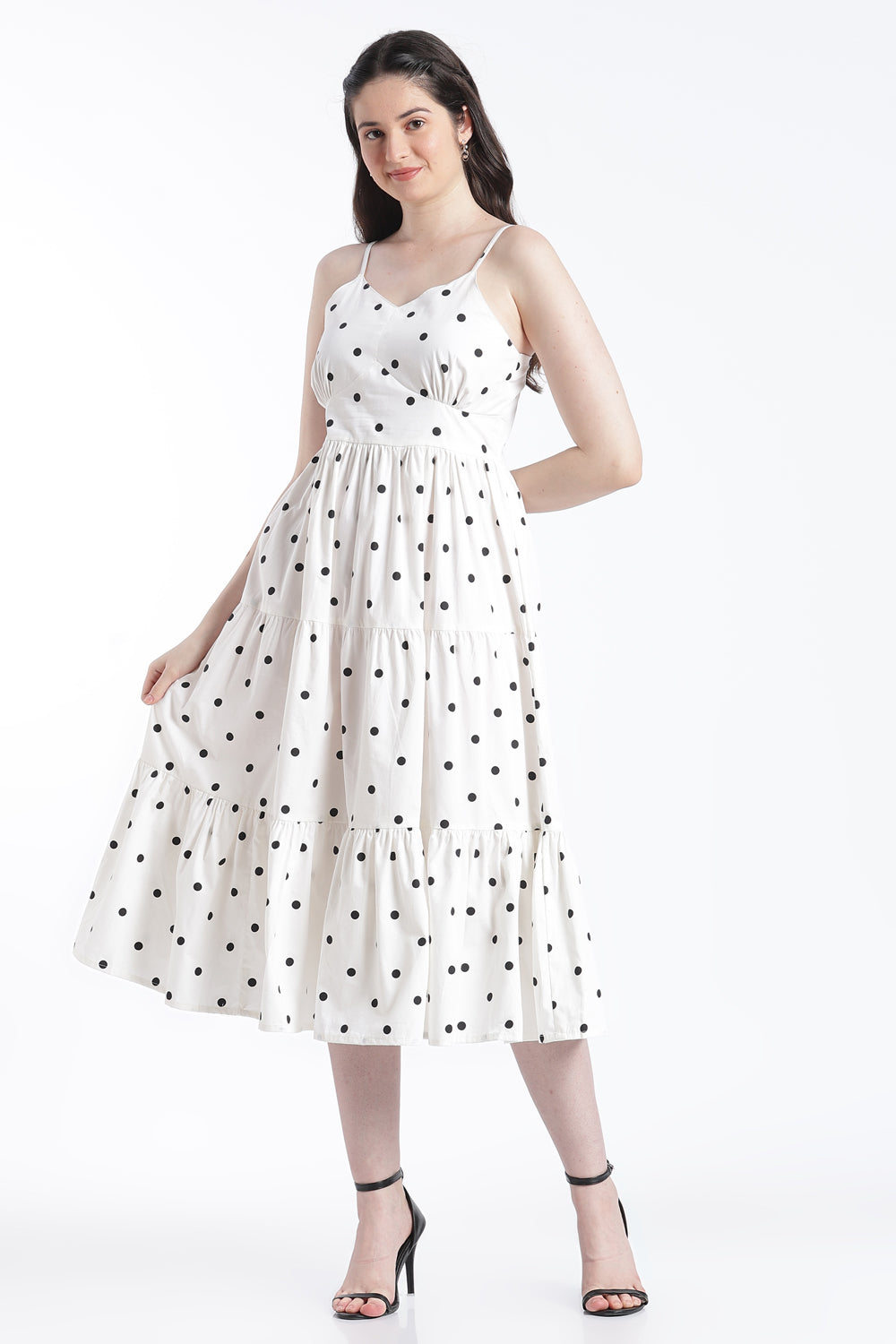 White Shirred Flared Fit Dress for Women - Image 2