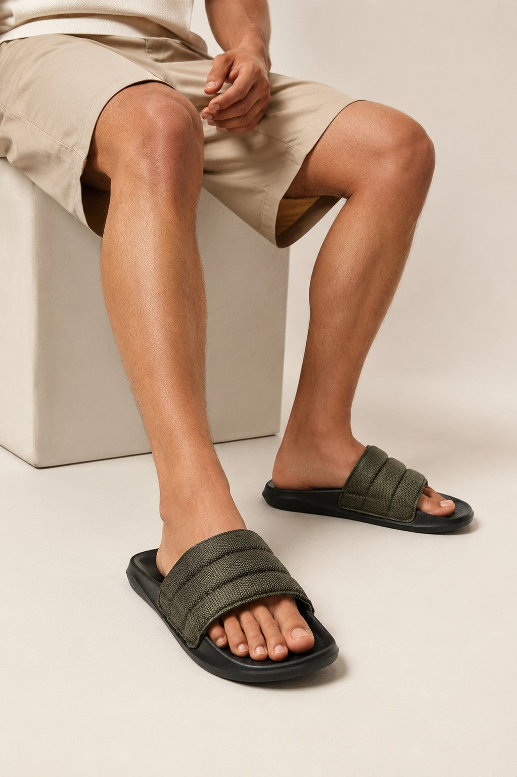 Olive Solid Pool Slides for Men - Image 1