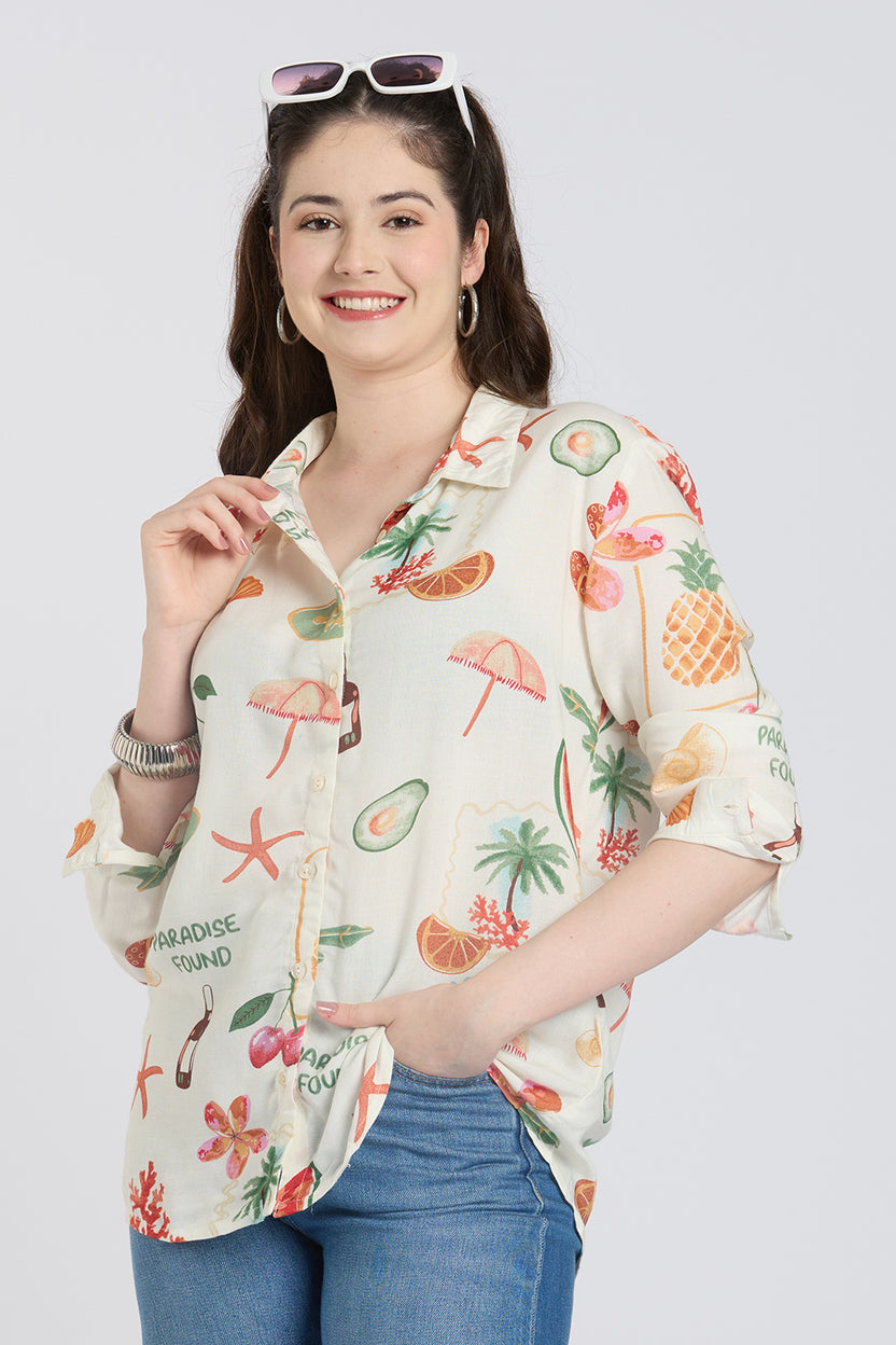 Off White Printed Regular Fit Shirt for Women - Image 1