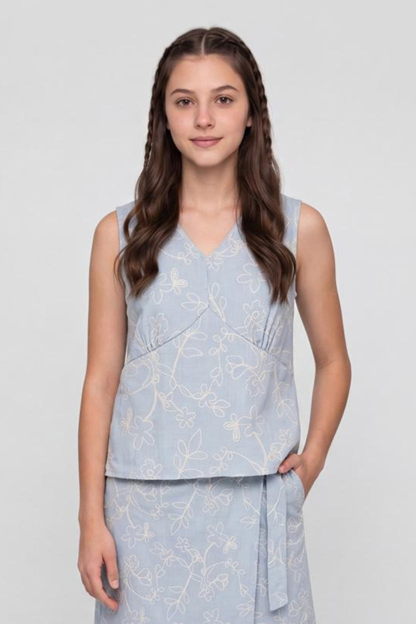 Light Blue Embroidered Regular Fit Top For Women - Image 2