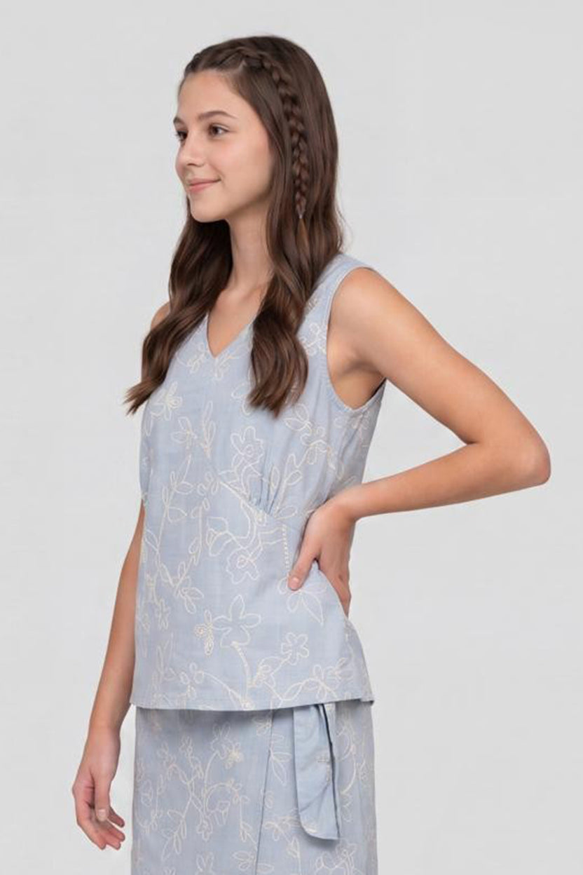 Light Blue Embroidered Regular Fit Top For Women - Image 4