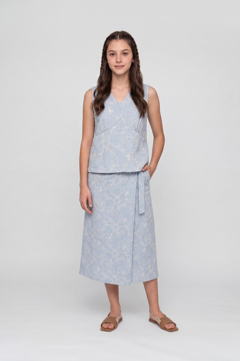 Light Blue Embroidered Regular Fit Top For Women - Image 6